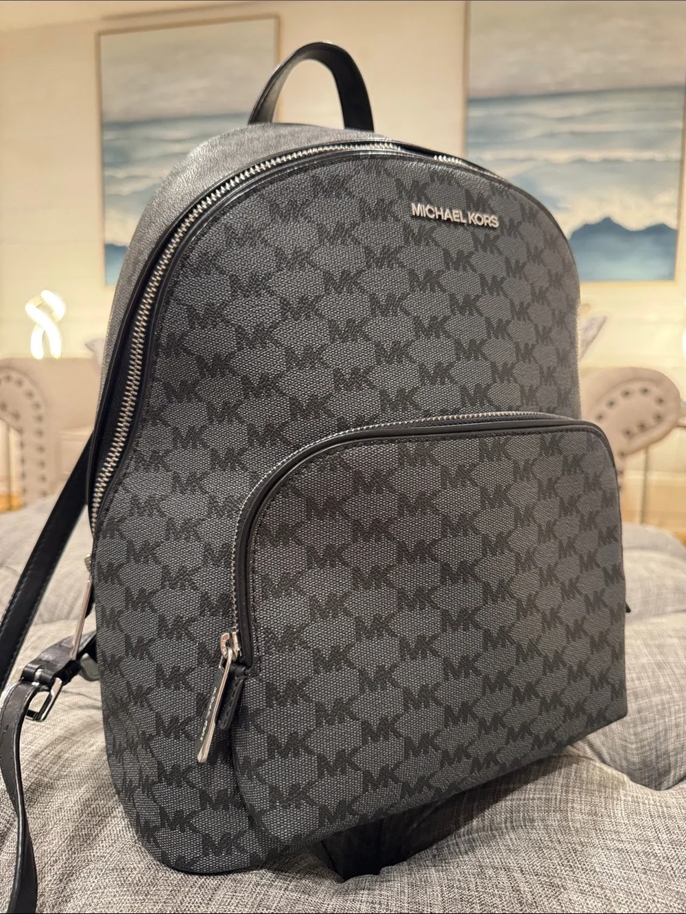 Michael Kors Bag Jet Set MK Logo Black Gray Backpack - Picture 3 of 17
